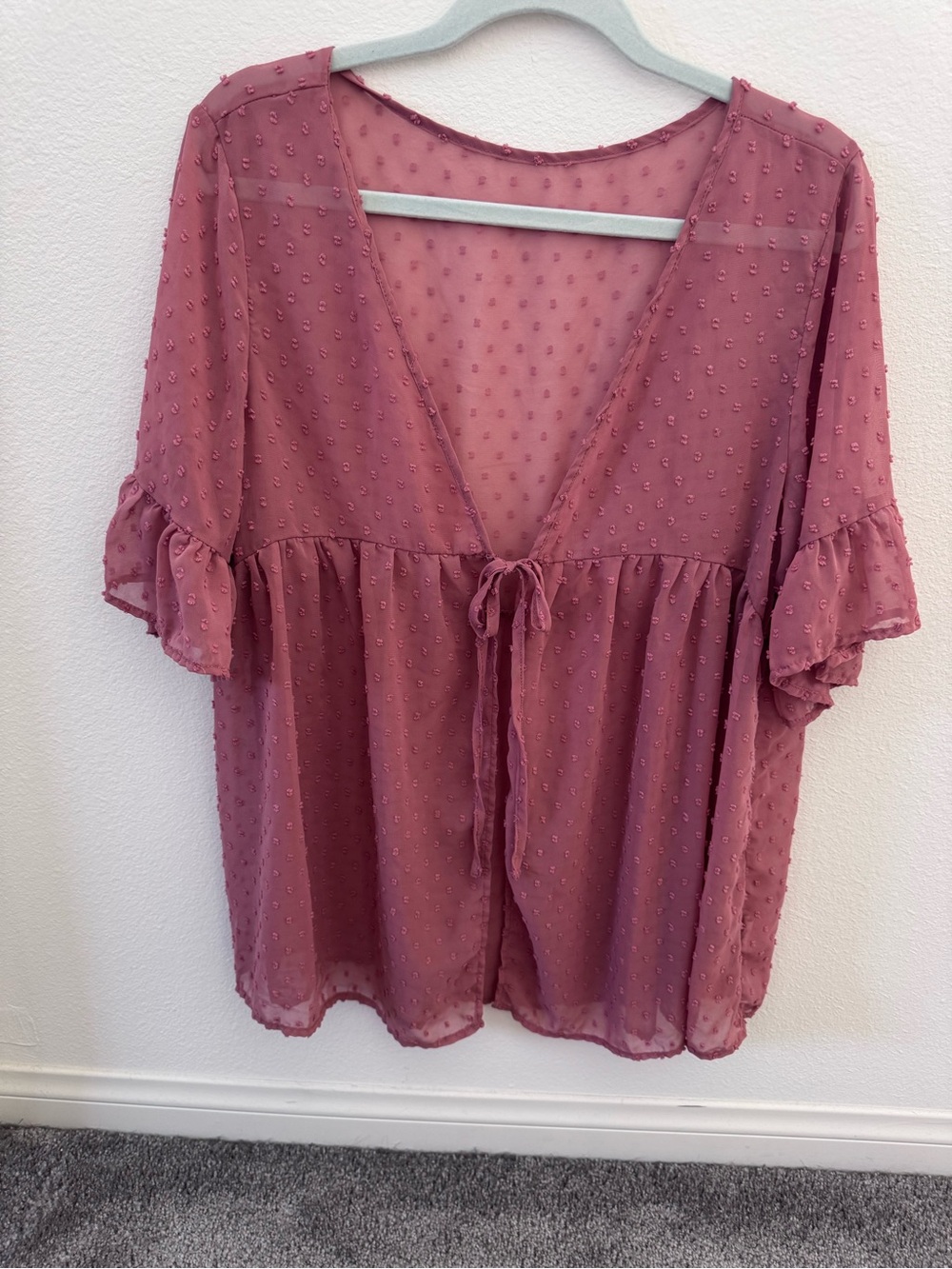 Women's Dusty Rose Sheer Swiss Dot Tie-Front Top